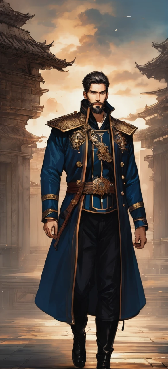 (Best quality)), ((masterpiece)), (detailed), portrait full body perfect face beautiful manhwa style, fantasy manhwa design, Blue eyes,beard leader figure, hard face , wide chest, brown black hair half updo. . royal military suit, mysterious, extremely detailed fantasy male concept,manhwa-male design,Looking at the viewer, kingdom background, blue and dark atmosphere