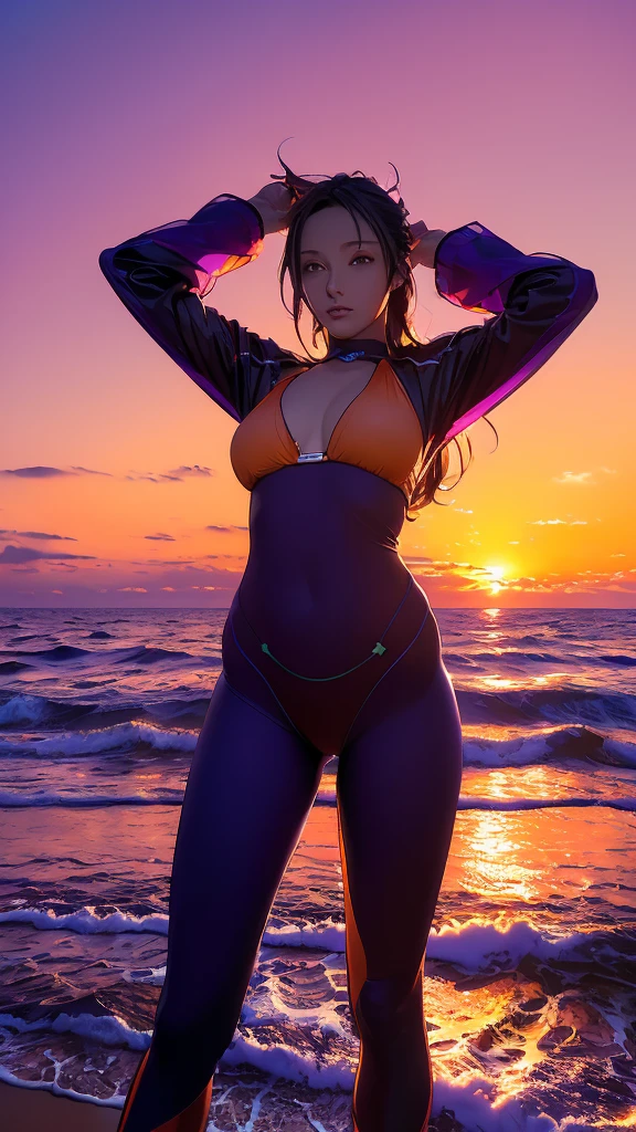 (masterpiece, Highest quality:1.4), Cinematic Light, colorful, High Contrast, neon, null, sunlight, null間, Beach, Wave, unmanned, Vast landscape photography, (a view from below that shows the null above and the sea below use a lot of purple and orange, detailed, Anime style with warm colors and vivid Japan