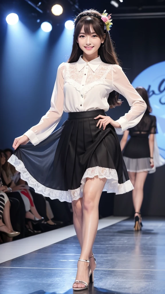 Amazingly large eyes、Smiling expression with white teeth visible、H cup bust、50cm waist、Slender and fair-skinned、Japan woman with long hair、20-year-old、Slim figure、Wearing a pleated skirt and a sheer lace blouse that flutters in the vivid breeze、Wearing high heels。On the runway at a fashion show、Her whole body was shown, from her high heels to her head, as she walked towards the viewer.、Bright, photo-quality images。
