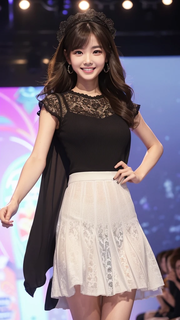 Amazingly large eyes、Smiling expression with white teeth visible、H cup bust、50cm waist、Slender and fair-skinned、Japan woman with long hair、20-year-old、Slim figure、Wearing a pleated skirt and a sheer lace blouse that flutters in the vivid breeze、Wearing high heels。On the runway at a fashion show、Her whole body was shown, from her high heels to her head, as she walked towards the viewer.、Bright, photo-quality images。