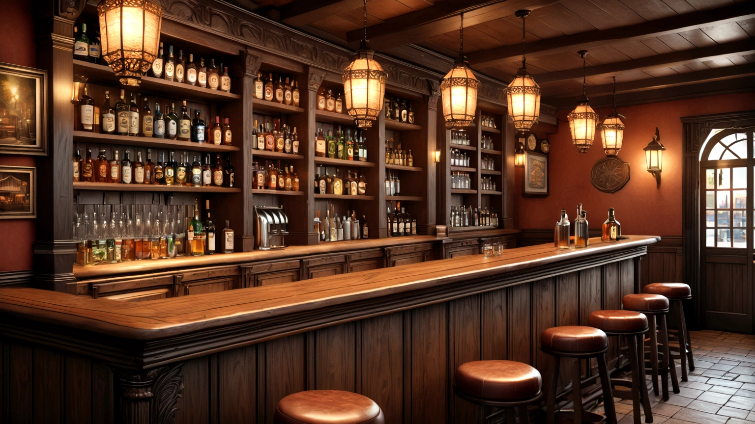 a cozy empty tavern, bartender, (side view:1.2), warm color palette, intricate wood details, ornate bar counter, glowing lanterns, inviting atmosphere, (best quality,4k,8k,highres,masterpiece:1.2),ultra-detailed,(realistic,photorealistic,photo-realistic:1.37)