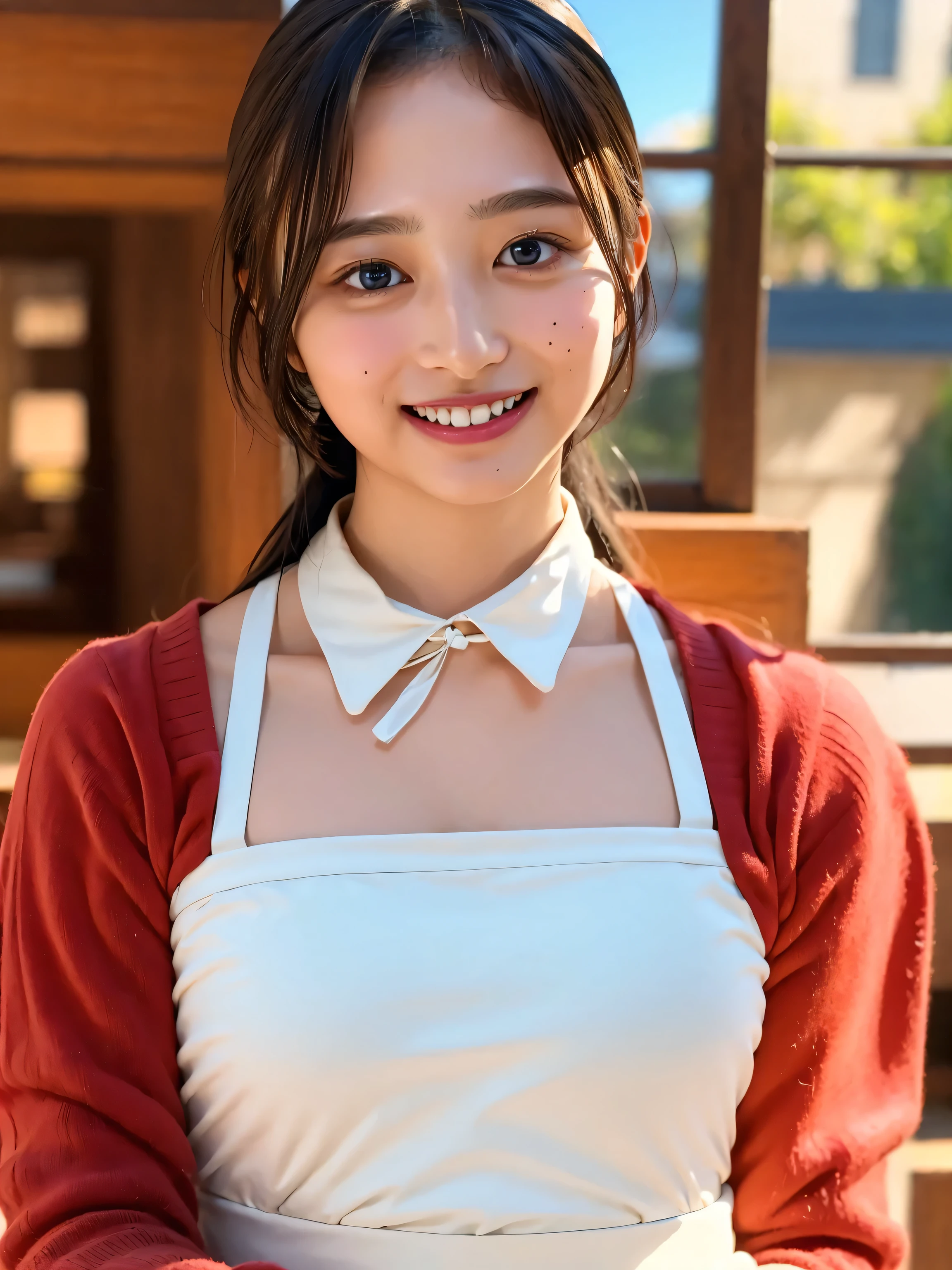 ((highest quality、8k、masterpiece:1.3)),((((upper body shot)))),Ultra-high resolution,big eyes,Japanese,forehead,bangs,(a girl),(1 girl),(()),((cute)),pretty,((facing at viewer)),(long hair),((black clothes)),grin