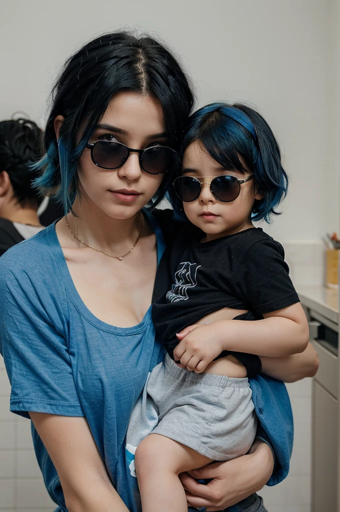 A human boy with black hair and wearing sunglasses was holding a cute, blue-haired baby girl
