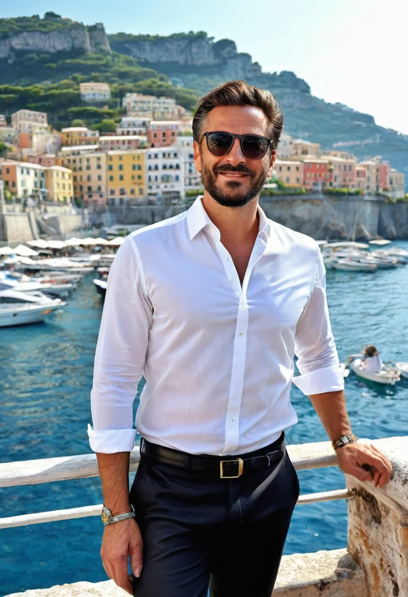 A 35 years old man, with a black pants,white social shirt, italian background, hands on the pocket, amazing italian background, 4k, realistic ,boats are docked in the water near a town on a hill, italian mediterranean city, mediterranean island scenery, italy, southern european scenery, gulf of naples, beautiful italian beach scene, mediterranean city, capri coast, fantasy italy, naples, mediterranean, beautiful place, mediterranean vista, beauitful, incredibly beautiful, unknown, beautiful high resolution, happy italian beach scene, imposing
