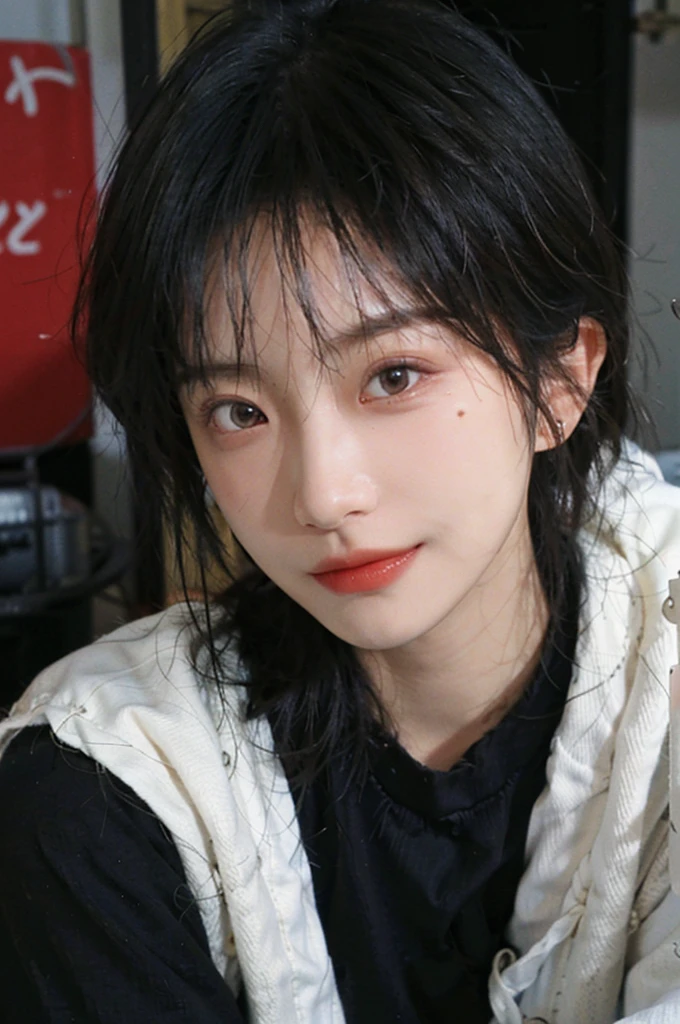 (Skin details:1.4), (smooth skin textures:1.3), (Upper body:1.4),(Upper Body:1.3),(Black clothes:1.4),Lipstick, background, earrings, serene, calm, (Realistic and detailed eyes:1.2), Natural skin texture, Realistic facial details, Soft dramatic lighting, Vivid details, 35 mm film, outdoor, (Photo Practical:1.4), (hyper Practical:1.4), (Practical:1.3), (Smoother lighting:1.05), (Improve lighting quality:0.9), (Highest quality real skin textures:1.4), Exquisite eyes, Delicate face, Close-up of face, (Enhance the beauty of skin texture:1.1),0Normal body proportions, short hair, Moles under the eyes, A faint smile,Portrait Photography, Depth of Field, Bokeh, Surrealism, Ray Tracing, (Portrait Photography:1.1), Surrealism, High Detail, Chiaroscuro, Ray Tracing, reflected light, Ultra HD, Ultra HD, masterpiece, Textured Skin, Super Detail, High Detail, high quality, best quality