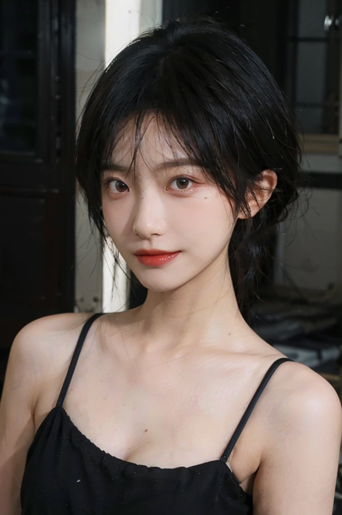(Skin details:1.4), (smooth skin textures:1.3), (Upper body:1.4),(Upper Body:1.3),(Black clothes:1.4),Lipstick, background, earrings, serene, calm, (Realistic and detailed eyes:1.2), Natural skin texture, Realistic facial details, Soft dramatic lighting, Vivid details, 35 mm film, outdoor, (Photo Practical:1.4), (hyper Practical:1.4), (Practical:1.3), (Smoother lighting:1.05), (Improve lighting quality:0.9), (Highest quality real skin textures:1.4), Exquisite eyes, Delicate face, Close-up of face, (Enhance the beauty of skin texture:1.1),0Normal body proportions, short hair, Moles under the eyes, A faint smile,Portrait Photography, Depth of Field, Bokeh, Surrealism, Ray Tracing, (Portrait Photography:1.1), Surrealism, High Detail, Chiaroscuro, Ray Tracing, reflected light, Ultra HD, Ultra HD, masterpiece, Textured Skin, Super Detail, High Detail, high quality, best quality