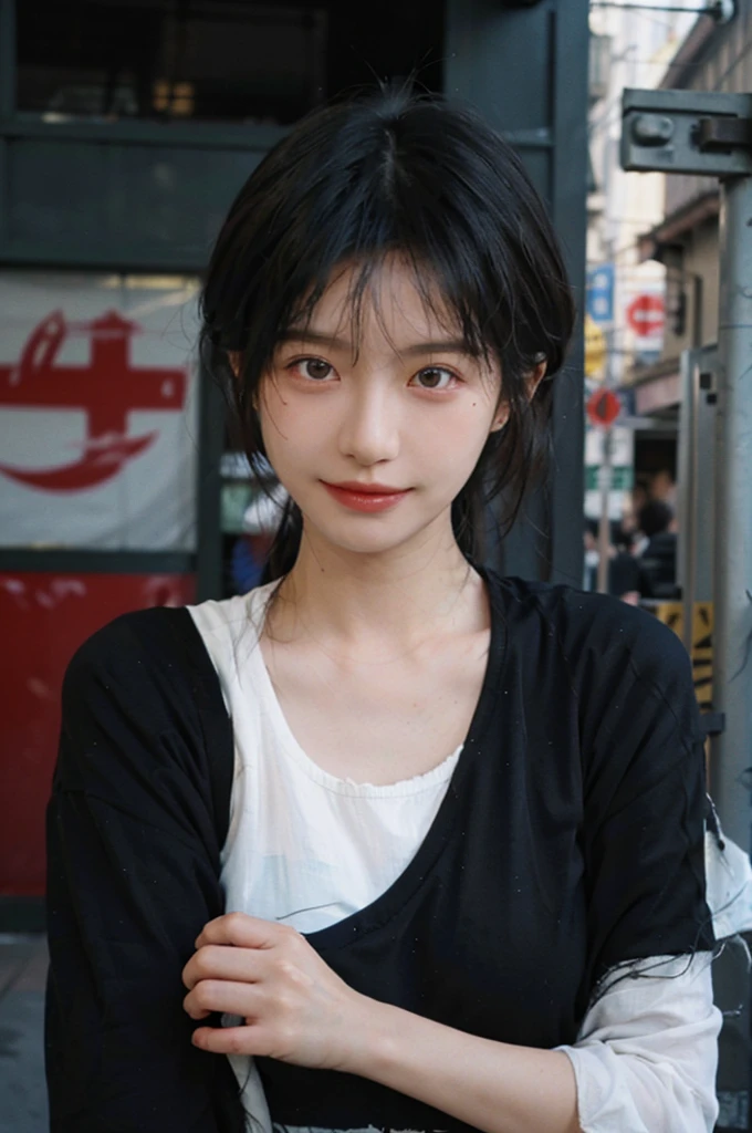 (Skin details:1.4), (smooth skin textures:1.3), （Upper body：1.4），（Upper Body：1.3)，(Black clothes:1.4)，Lipstick, background, earrings, serene, calm, (Realistic and detailed eyes：1.2）, Natural skin texture, Realistic facial details, Soft dramatic lighting, Vivid details, 35 mm film, outdoor, (Photo Practical:1.4), (hyper Practical:1.4), (Practical:1.3), (Smoother lighting:1.05), (Improve lighting quality:0.9), (Highest quality real skin textures:1.4), Exquisite eyes, Delicate face, Close-up of face, (Enhance the beauty of skin texture:1.1),0Normal body proportions, short hair, Moles under the eyes, A faint smile,Portrait Photography, Depth of Field, Bokeh, Surrealism, Ray Tracing, (Portrait Photography:1.1), Surrealism, High Detail, Chiaroscuro, Ray Tracing, reflected light, Ultra HD, Ultra HD, masterpiece, Textured Skin, Super Detail, High Detail, high quality, best quality