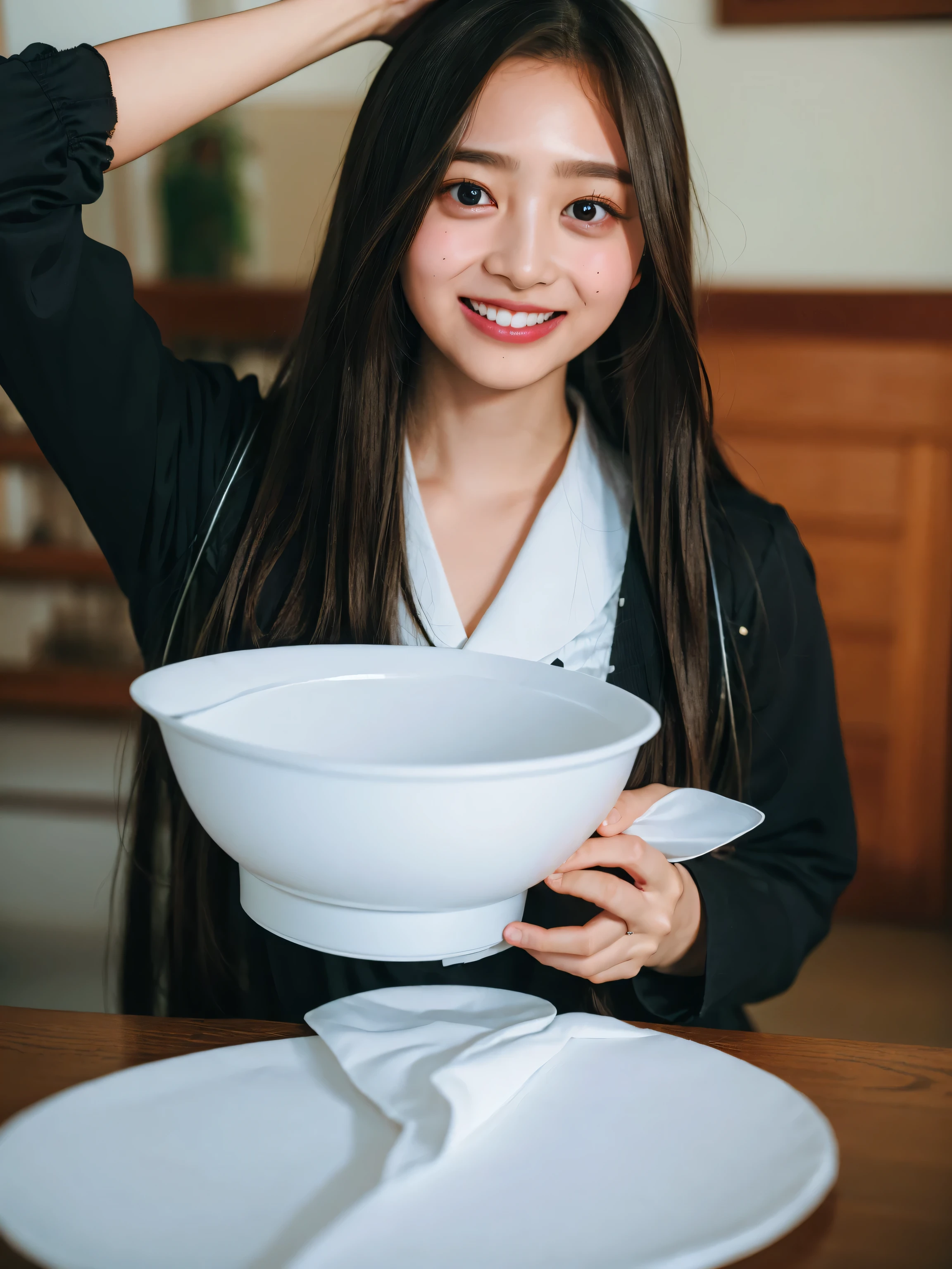 ((highest quality、8k、masterpiece:1.3)),((((upper body shot)))),Ultra-high resolution,big eyes,Japanese,forehead,bangs,(a girl),(1 girl),((16 years old)),((cute)),pretty,((facing at viewer)),(long hair),((black clothes)),grin