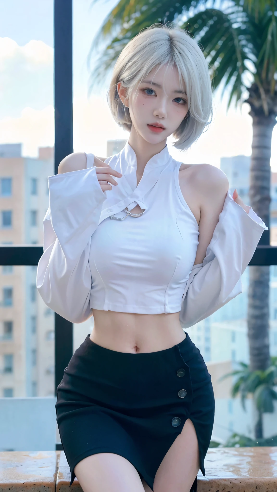 Beautiful woman with perfect figure:1.4，Swimming background，Desert Background，Ultra-high resolution，Seductive laughter，wear glasses，White legs，（lifelike：1.4），Layered Hairstyle，White skin，Black mini pleated skirt，whole body，Very delicate face and skin texture，Double eyelids，Skin Whitening，Long hair，White hair，White，