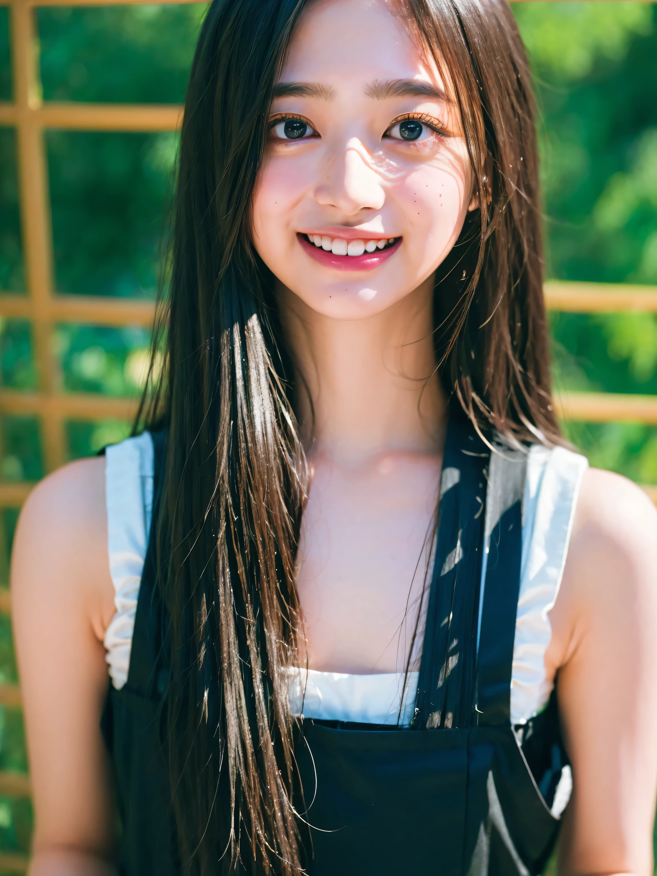 8k、best image quality、masterpiece、summer、Japanese high school girl meets friends while commuting to school。she smiled。、I winked in my right eye.、12age