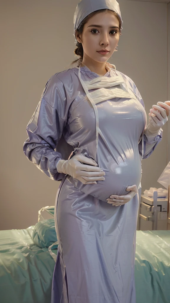 ((masterpiece, best quality, high quality)),1girl, pregnant with big belly, big breasts, (hospital), infirmary, (surgical_uniform, long sleeves, long dress, latex gloves, surgical mask,surgical cap),