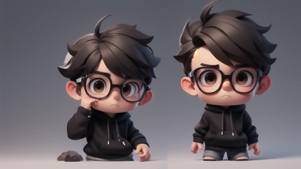 Scared Boy chibi with black pullover, dark brown eyes, black glasses, Short texture crop style hair. Clear Background