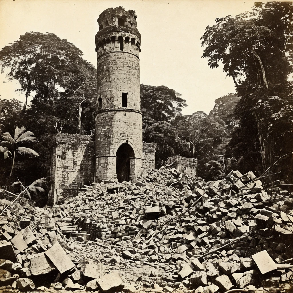 Very old photos, jungle, Ruins of a large tower, rubble,