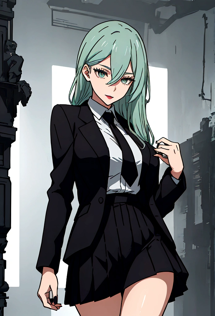 1 girl,tall,gorgeous,black jacket,white shirt,black skirt,black messy hair,greenish eyes,legs vissible,huge 