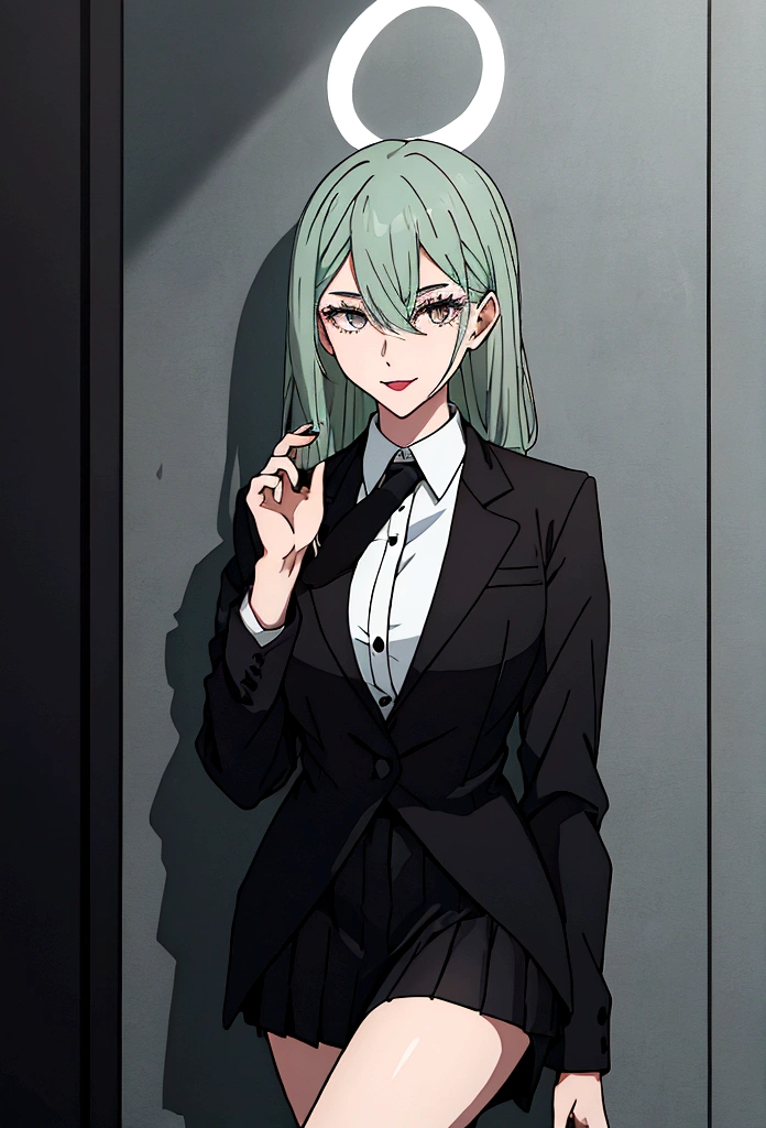 1 girl,tall,gorgeous,black jacket,white shirt,black skirt,black messy hair,greenish eyes,legs vissible,huge 