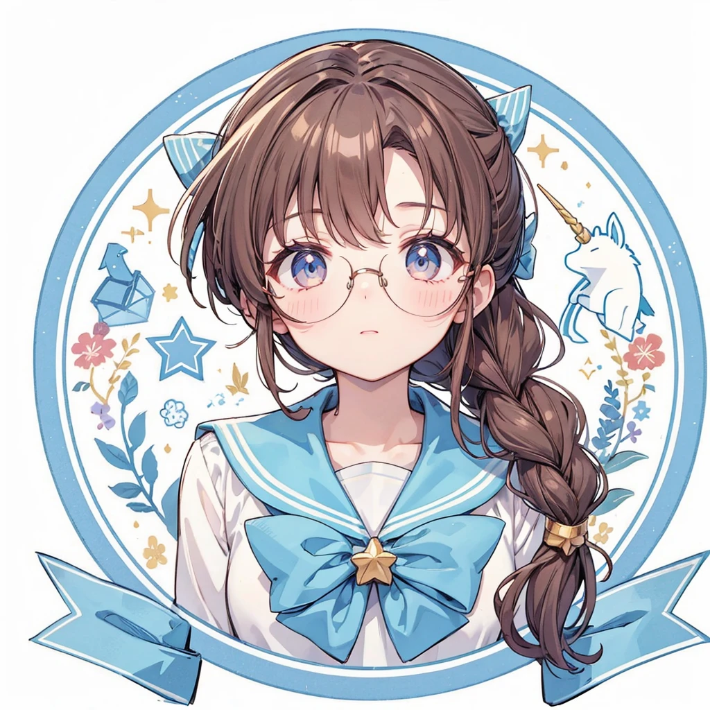 Circular emblem{star、ribbon、unicorn、candy、rainbow}、A girl with a single braided hairstyle{Glasses、Brown Hair、Brown eyes、Light blue sailor suit、Red neckerchief}