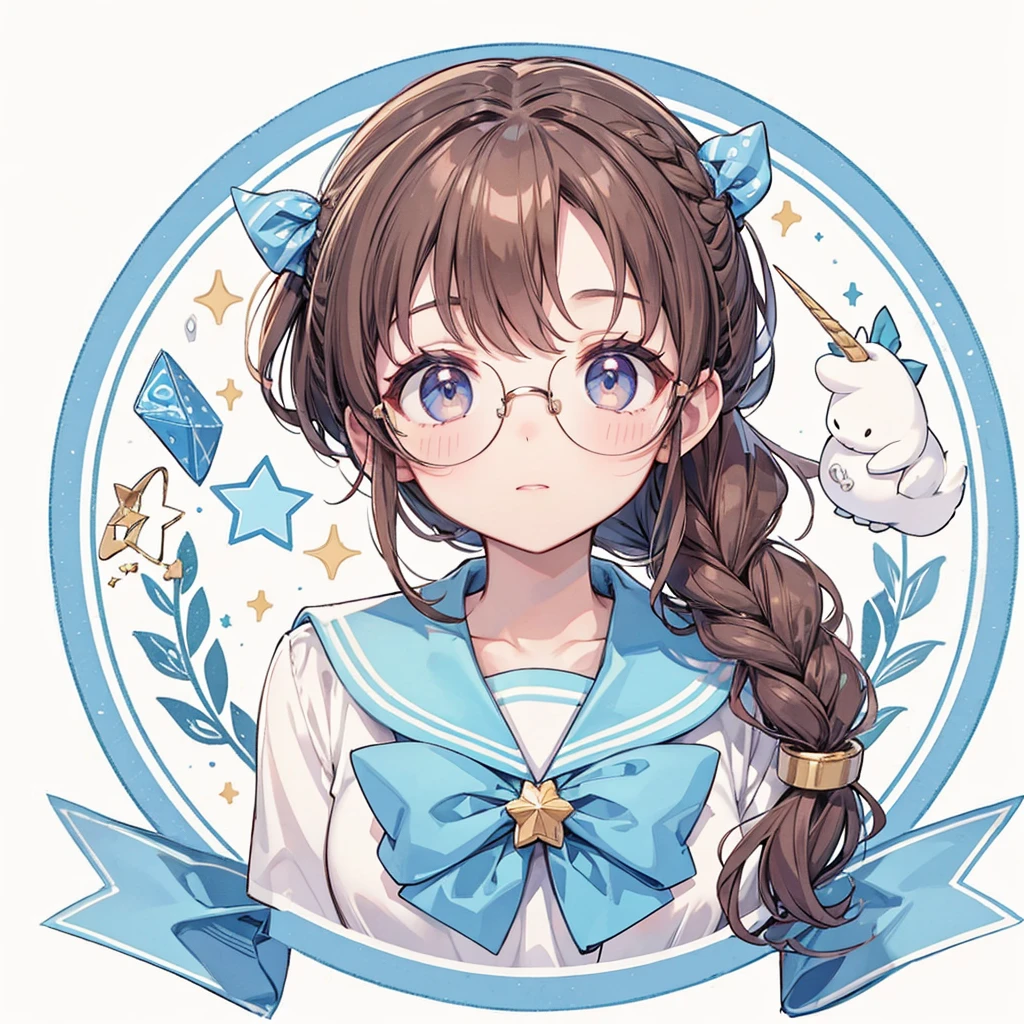 Circular emblem{star、ribbon、unicorn、candy、rainbow}、A girl with a single braided hairstyle{Glasses、Brown Hair、Brown eyes、Light blue sailor suit、Red neckerchief}