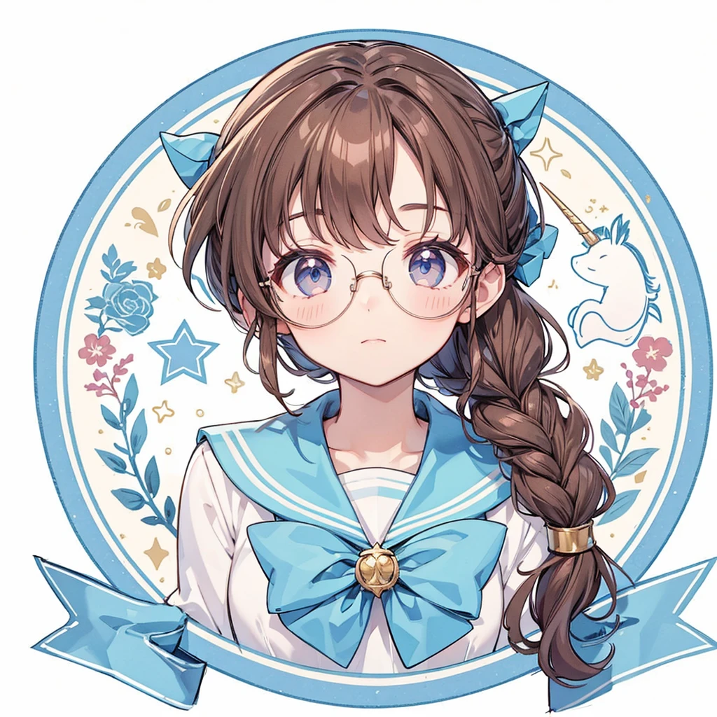 Circular emblem{star、ribbon、unicorn、candy、rainbow}、A girl with a single braided hairstyle{Glasses、Brown Hair、Brown eyes、Light blue sailor suit、Red neckerchief}