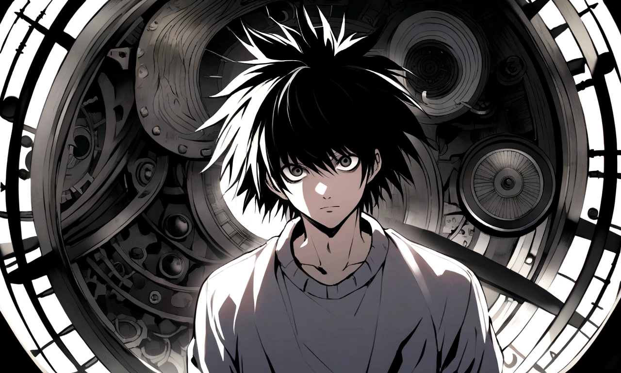 black and white drawing, giant clockwork background, human, 26 year old male 1, black neat hair, a  face, wearing gray tracksuit, wearing a white shirt, L deathnote