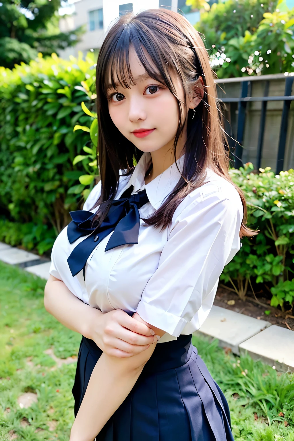 (Highest quality, 8K, 32k, masterpiece, Ultra-high resolution:1.2), Cute Japanese Girl, (Huge breasts:1.1), Long black hair, bangs, (school uniform), Tight waist, (Outdoor, garden, blue sky),(high school girl),