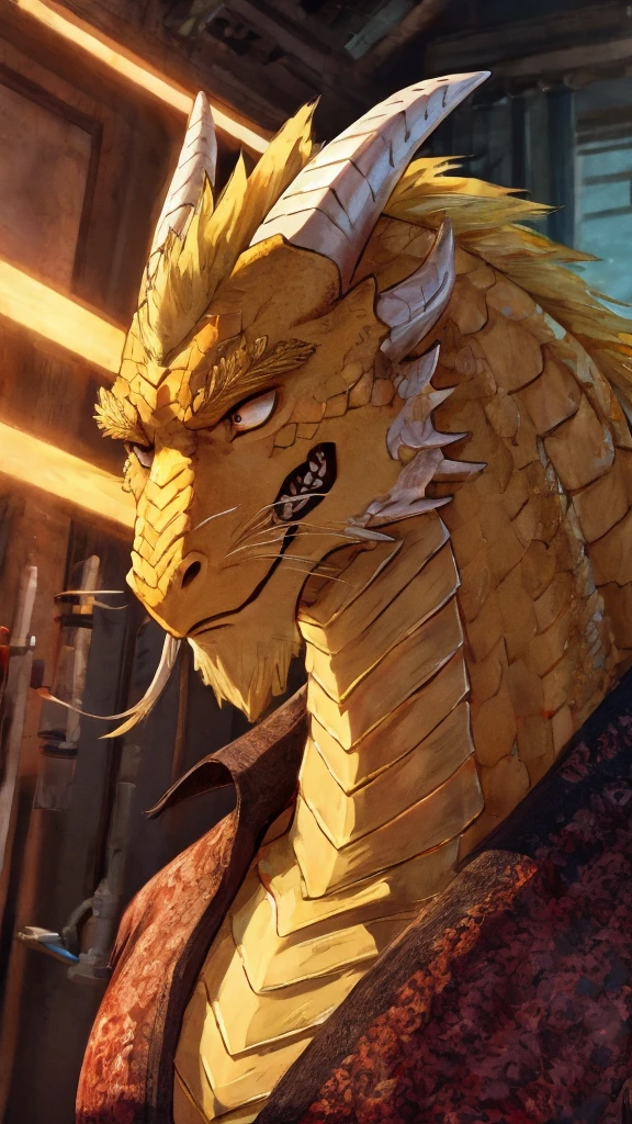Dragon personification、Yellow scales、Bright expression、Long dragon whiskers、Vertical striped kimono、Thick neck