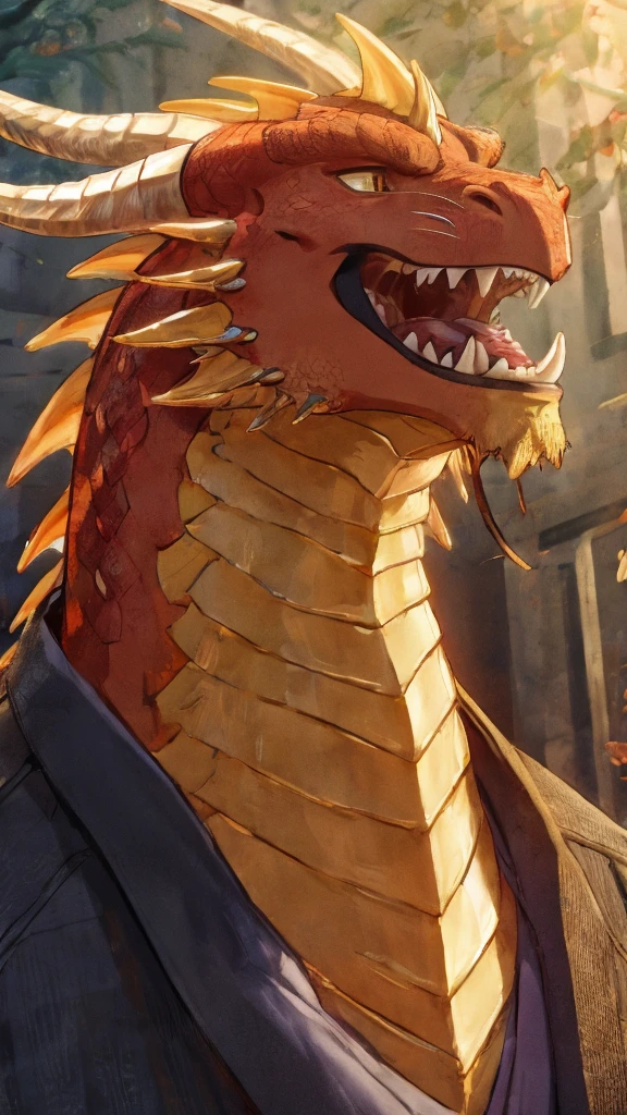 Dragon personification、Yellow scales、Bright expression、Long dragon whiskers、Vertical striped kimono、Thick neck