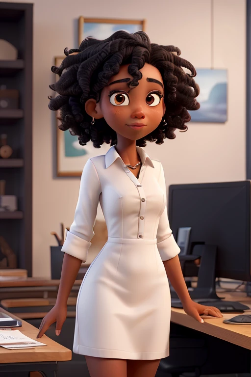 ((best qualityer)), ((work of art)), (detailded), a black woman with light skin short curly hair black eyes wearing a white dress shirt working