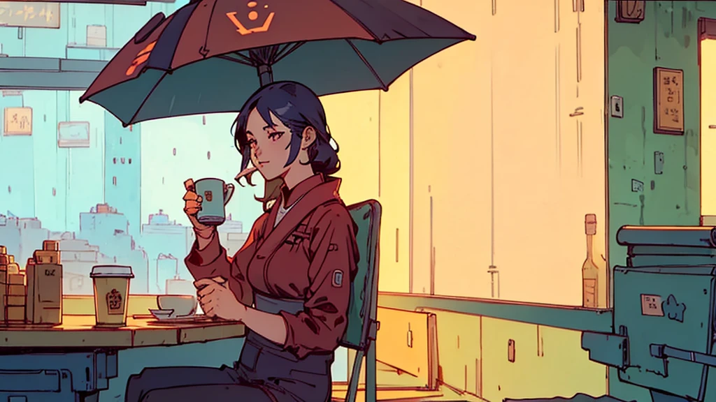 An office lady drinking coffee at a cafe on a rainy day Warm lighting Japanese anime style
