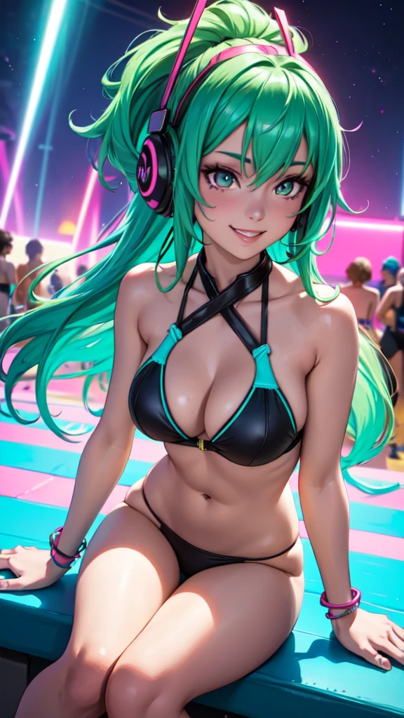 anime girl, 2 piece neon blue bikini, headphones,night beach party,dancing,smiling,(best quality:1.2),(ultra-detailed:1.2),(realistic:1.37),HDR,vivid colors,portraits,headphone girl,energetic pose,colorful lights,joyful expression ,anime style, atmosphere,techno music,electronic dance music,beach festival vibes,hip hop beats,festival outfit,expressive eyes,long hairstyle with vibrant green and red color hair, gold eyes, elaborate makeup neon lights,beaming smile,positive vibes,high-energy performance,stylized backgrounds,colorful visuals,excitement in the air, mid body portrait, sitting
