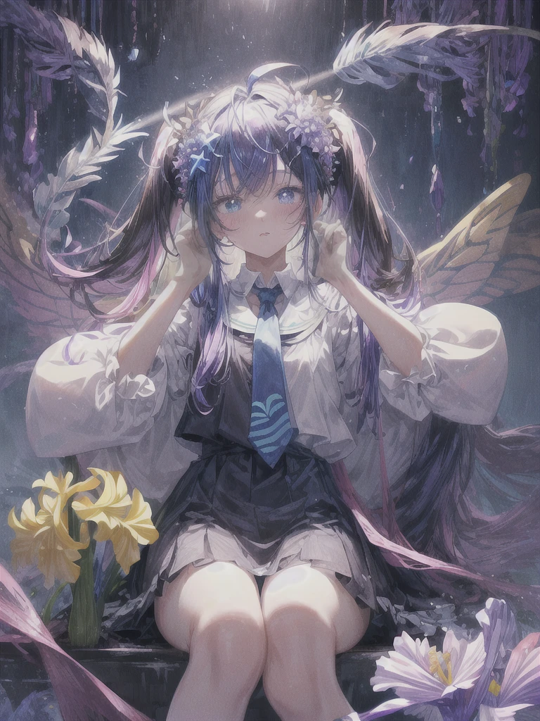 pretty, anime, pastel, neon, vtuber-fullbody vtuber-halfbody, kawaii Masterpiece, young woman, sitting down, parted lips, black eyes, fluffy curly hair, bangs, ahoge, light brown hair, rosy cheeks, short sleeve, black and purple dress, puffy sleeves, black gloves, purple ribbons, ((faded iris)), myceliumtech, scifi, Mycelia, spongy, PsychedelicMasterpiece, ((Faded iris)), flowers, smile, water effect, ahoge, looking up, upper view, yuki miku, very long blue hair, twintails, hair ornament, blue eyes, kawaii looking upupper viewhair ornament(masterpiece:1.2), (hires:1.2), (better hands:1.2), beautiful hands, perfect anatomy, holding star, 1boy, antenna hair, choker, white jacket, shoulder-belt, collared shirt, ear piercing, chain earrings, gradient, stars hair ornament, male focus, multicolored hair, purple hair, yellow strands, yellow necktie, (eye1 purple, eye2 yellow, heterochromia), starlight, starMasterpiece, young girl, white hair, fluffy hair, ahoge, medium length hair, bird feathers, sky, jungle, feather ears, white bird wings, vibrant colors, flowers, flower crown, leaves, white silk dress, detailed sleeves, strewn plants, hair over eyes, butterfly style, more_details:-1, more_details:0, more_details:0.5, more_details:1, more_details:1.5, (((ultra detailed))), softcore, kawaii,