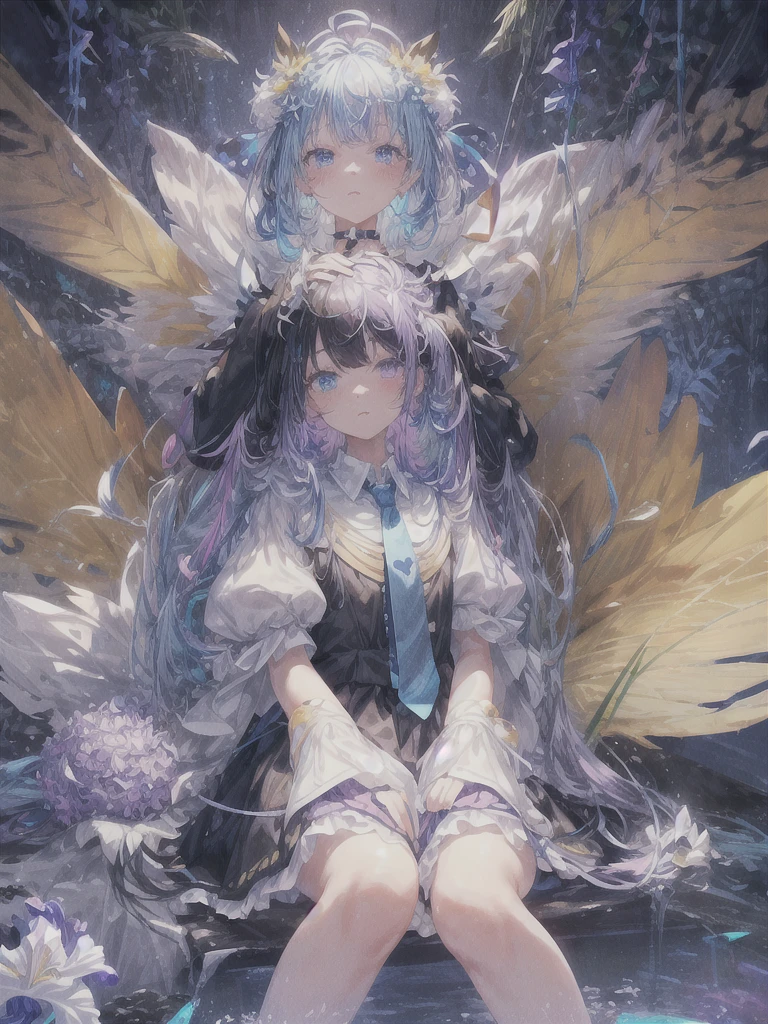 pretty, anime, pastel, neon, vtuber-fullbody vtuber-halfbody, kawaii Masterpiece, young woman, sitting down, parted lips, black eyes, fluffy curly hair, bangs, ahoge, light brown hair, rosy cheeks, short sleeve, black and purple dress, puffy sleeves, black gloves, purple ribbons, ((faded iris)), myceliumtech, scifi, Mycelia, spongy, PsychedelicMasterpiece, ((Faded iris)), flowers, smile, water effect, ahoge, looking up, upper view, yuki miku, very long blue hair, twintails, hair ornament, blue eyes, kawaii looking upupper viewhair ornament(masterpiece:1.2), (hires:1.2), (better hands:1.2), beautiful hands, perfect anatomy, holding star, 1boy, antenna hair, choker, white jacket, shoulder-belt, collared shirt, ear piercing, chain earrings, gradient, stars hair ornament, male focus, multicolored hair, purple hair, yellow strands, yellow necktie, (eye1 purple, eye2 yellow, heterochromia), starlight, starMasterpiece, young girl, white hair, fluffy hair, ahoge, medium length hair, bird feathers, sky, jungle, feather ears, white bird wings, vibrant colors, flowers, flower crown, leaves, white silk dress, detailed sleeves, strewn plants, hair over eyes, butterfly style, more_details:-1, more_details:0, more_details:0.5, more_details:1, more_details:1.5, (((ultra detailed))), softcore, kawaii, 