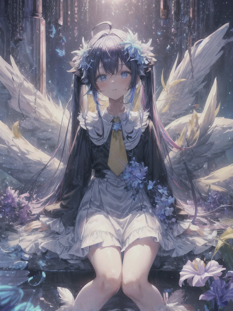 pretty, anime, pastel, neon, vtuber-fullbody vtuber-halfbody, kawaii Masterpiece, young woman, sitting down, parted lips, black eyes, fluffy curly hair, bangs, ahoge, light brown hair, rosy cheeks, short sleeve, black and purple dress, puffy sleeves, black gloves, purple ribbons, ((faded iris)), myceliumtech, scifi, Mycelia, spongy, PsychedelicMasterpiece, ((Faded iris)), flowers, smile, water effect, ahoge, looking up, upper view, yuki miku, very long blue hair, twintails, hair ornament, blue eyes, kawaii looking upupper viewhair ornament(masterpiece:1.2), (hires:1.2), (better hands:1.2), beautiful hands, perfect anatomy, holding star, 1boy, antenna hair, choker, white jacket, shoulder-belt, collared shirt, ear piercing, chain earrings, gradient, stars hair ornament, male focus, multicolored hair, purple hair, yellow strands, yellow necktie, (eye1 purple, eye2 yellow, heterochromia), starlight, starMasterpiece, young girl, white hair, fluffy hair, ahoge, medium length hair, bird feathers, sky, jungle, feather ears, white bird wings, vibrant colors, flowers, flower crown, leaves, white silk dress, detailed sleeves, strewn plants, hair over eyes, butterfly style, more_details:-1, more_details:0, more_details:0.5, more_details:1, more_details:1.5, (((ultra detailed))), softcore, kawaii, 