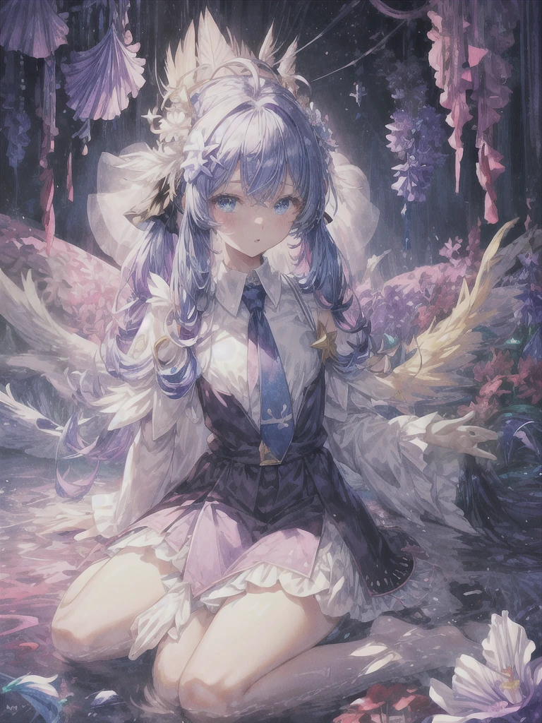 pretty, anime, pastel, neon, vtuber-fullbody vtuber-halfbody, kawaii Masterpiece, young woman, sitting down, parted lips, black eyes, fluffy curly hair, bangs, ahoge, light brown hair, rosy cheeks, short sleeve, black and purple dress, puffy sleeves, black gloves, purple ribbons, ((faded iris)), myceliumtech, scifi, Mycelia, spongy, PsychedelicMasterpiece, ((Faded iris)), flowers, smile, water effect, ahoge, looking up, upper view, yuki miku, very long blue hair, twintails, hair ornament, blue eyes, kawaii looking upupper viewhair ornament(masterpiece:1.2), (hires:1.2), (better hands:1.2), beautiful hands, perfect anatomy, holding star, 1boy, antenna hair, choker, white jacket, shoulder-belt, collared shirt, ear piercing, chain earrings, gradient, stars hair ornament, male focus, multicolored hair, purple hair, yellow strands, yellow necktie, (eye1 purple, eye2 yellow, heterochromia), starlight, starMasterpiece, young girl, white hair, fluffy hair, ahoge, medium length hair, bird feathers, sky, jungle, feather ears, white bird wings, vibrant colors, flowers, flower crown, leaves, white silk dress, detailed sleeves, strewn plants, hair over eyes, butterfly style, more_details:-1, more_details:0, more_details:0.5, more_details:1, more_details:1.5, (((ultra detailed))), softcore, kawaii, 