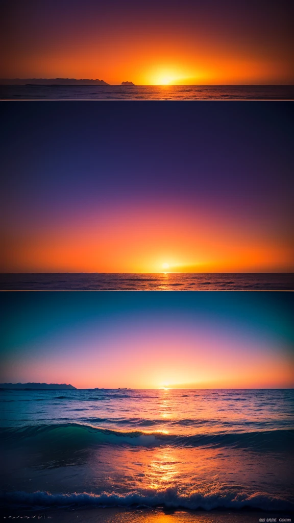 (masterpiece, Highest quality:1.4), Cinematic Light, colorful, High Contrast, neon, null, sunlight, null間, Beach, Wave, unmanned, Vast landscape photography, (a view from below that shows the null above and the sea below use a lot of purple and orange, detailed, Anime style with warm colors and vivid Japan