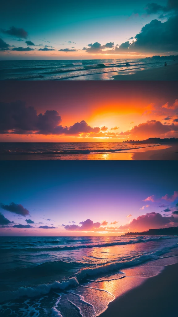 (masterpiece, Highest quality:1.4), Cinematic Light, colorful, High Contrast, neon, null, sunlight, null間, Beach, Wave, unmanned, Vast landscape photography, (a view from below that shows the null above and the sea below use a lot of purple and orange, detailed, Anime style with warm colors and vivid Japan