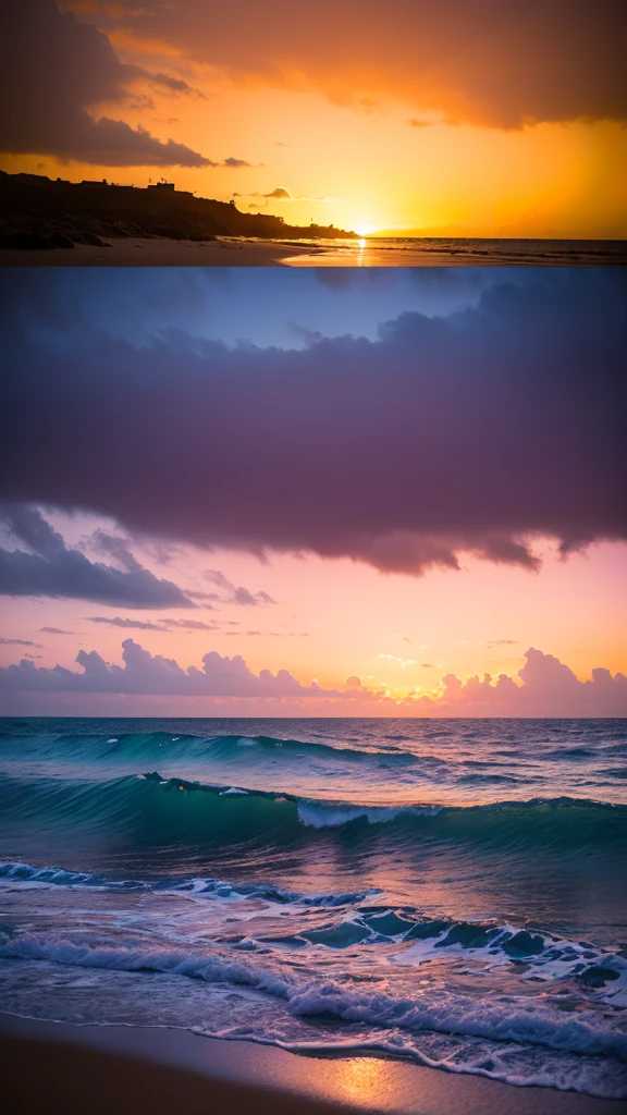 (masterpiece, Highest quality:1.4), Cinematic Light, colorful, High Contrast, neon, null, sunlight, null間, Beach, Wave, unmanned, Vast landscape photography, (a view from below that shows the null above and the sea below use a lot of purple and orange, detailed, Anime style with warm colors and vivid Japan