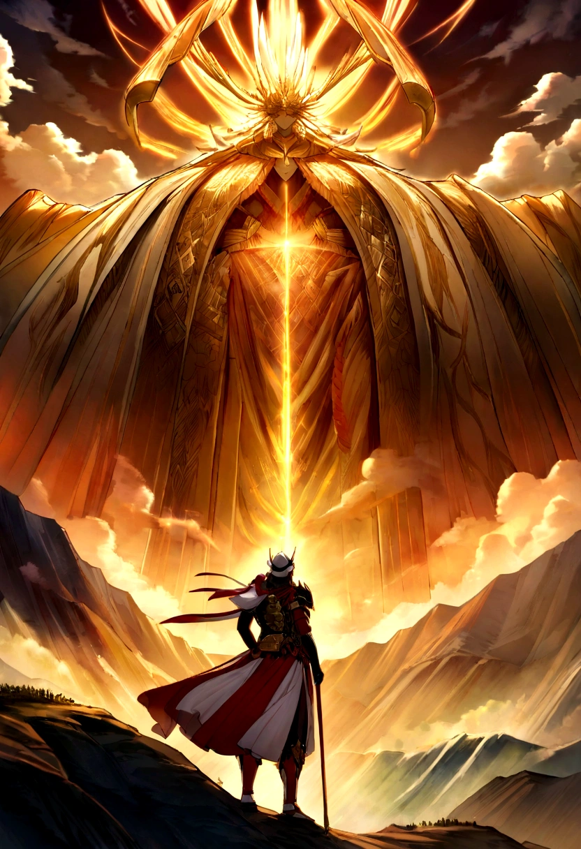 A majestic scene of Izanagi-no-Mikoto, the great deity from Japanese mythology, standing on a sacred mountaintop at dawn. He is clad in ancient, ornate armor with intricate patterns and holding a divine jeweled spear. The sky is a breathtaking gradient of warm sunrise hues, casting a golden glow over the landscape. Surrounding him are swirling clouds and ethereal light beams, creating an aura of divinity and power. In the distance, a waterfall cascades down the mountain, symbolizing the creation of life. The atmosphere is awe-inspiring and serene, evoking a sense of divine authority and creation. --v 5
