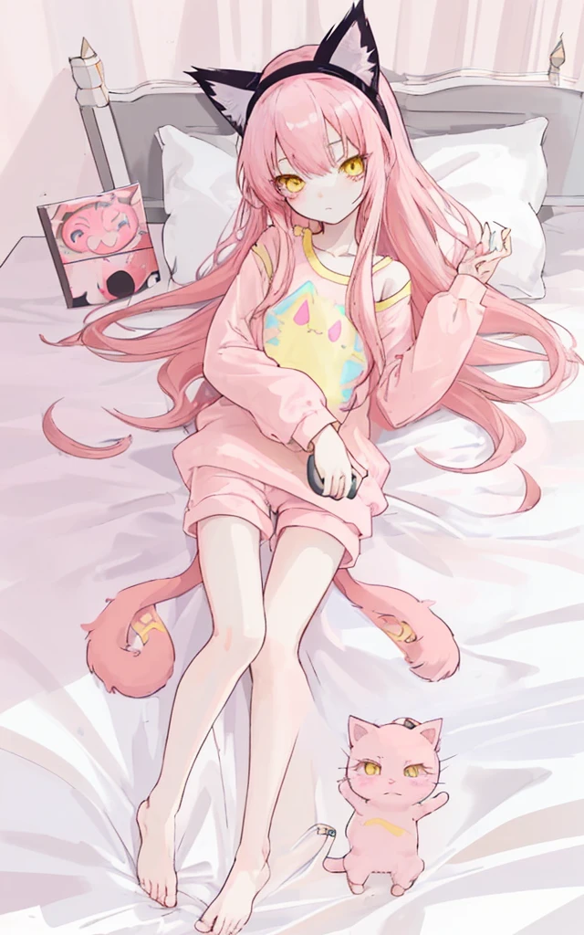 cute anime girl with long pink hair and yellow eyes, on bed, a cup size, short height, slim body, wearing sleeping wear and cat headband.