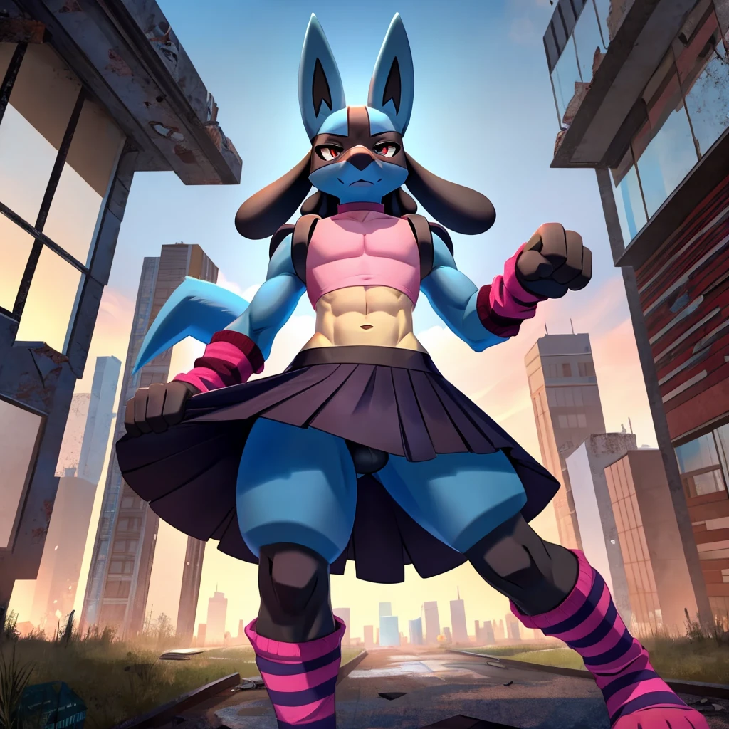 Lucario, male, only person, wearing a small femboy crop top and skirt, striped arm and leg warmers, strong wind blowing up skirt and crop top, holding back down, upward front view, standing onto of a skyscraper in a abandoned city