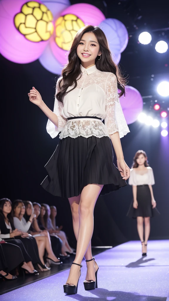 Amazingly large eyes、Smiling expression with white teeth visible、H cup bust、50cm waist、Slender and fair-skinned、Japan woman with long hair、20-year-old、Slim figure、Wearing a pleated skirt and a sheer lace blouse that flutters in the vivid breeze、Wearing high heels。On the runway at a fashion show、Her whole body was shown, from her high heels to her head, as she walked towards the viewer.、Bright, photo-quality images。