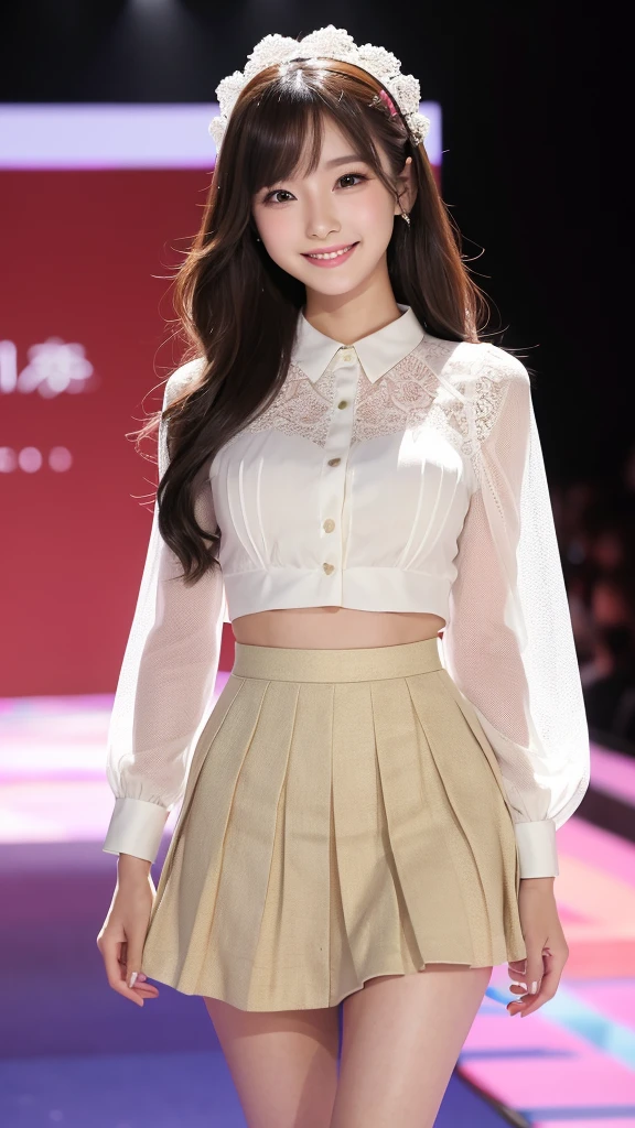 Amazingly large eyes、Smiling expression with white teeth visible、H cup bust、50cm waist、Slender and fair-skinned、Japan woman with long hair、20-year-old、Slim figure、Wearing a pleated skirt and a sheer lace blouse that flutters in the vivid breeze、Wearing high heels。On the runway at a fashion show、Her whole body was shown, from her high heels to her head, as she walked towards the viewer.、Bright, photo-quality images。
