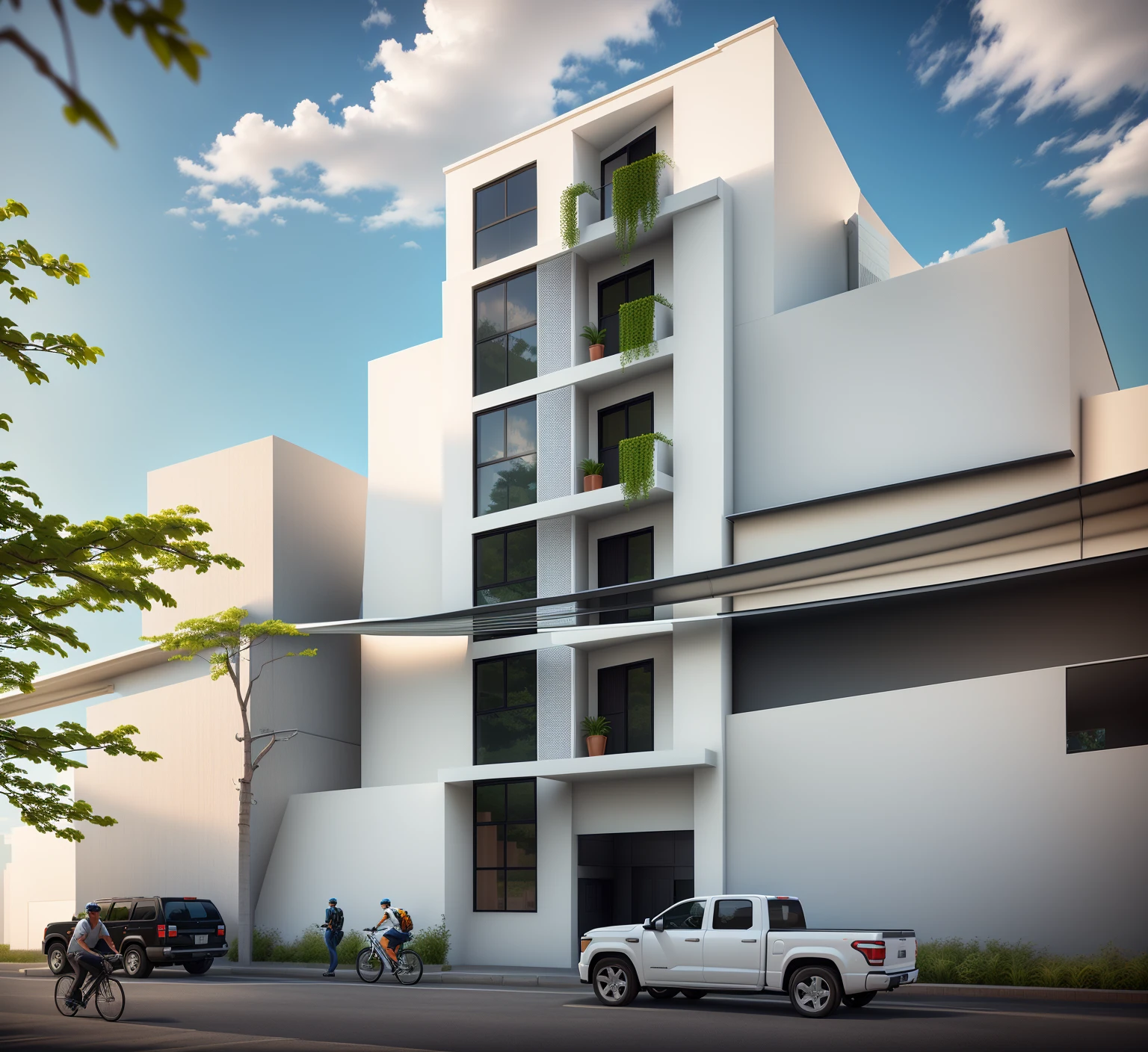 rendering of a building with a white truck parked in front of it, mid-view, freddy mamani silvestre facade, residential, building facing, by Samuel Silva, render 3 d, full building, render vray, architectural render, architecture render, lumion render, realistic building, foto realista, rendering, front-view, by João Artur da Silva