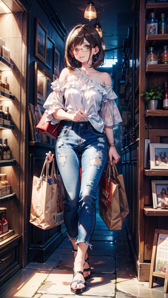 masterpiece, best quality, high quality, detailed, ultra detailed, hyper detailed, insanely detailed, exquisite, beautiful, FHD, Full-HD, 4K, 8K, 16K, highres, absurdres, cosmetic shop, a girl, delightful, semi long, brown hair, brown eyes, pale skin, slim, drop shoulder tee, pants, glasses, piercing, beauty mark, full body shot