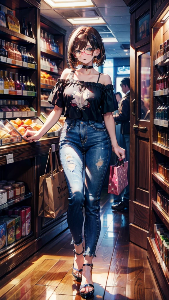 masterpiece, best quality, high quality, detailed, ultra detailed, hyper detailed, insanely detailed, exquisite, beautiful, FHD, Full-HD, 4K, 8K, 16K, highres, absurdres, cosmetic shop, a girl, delightful, semi long, brown hair, brown eyes, pale skin, slim, drop shoulder tee, pants, glasses, piercing, beauty mark, full body shot