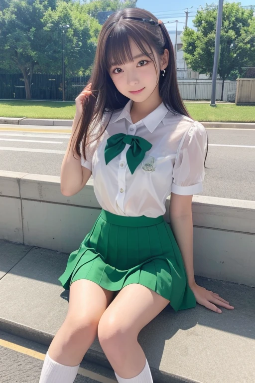 Cute Girls、high school girl、Idol、Green mini skirt、See-through、sit