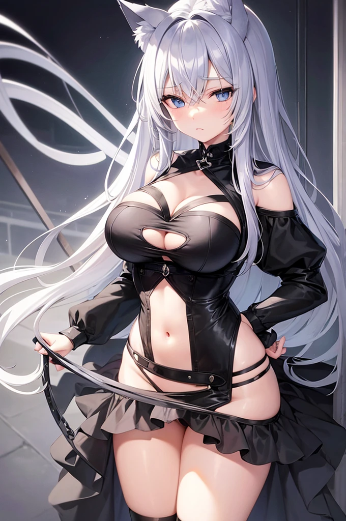 silver hair, blue eyes, cat ears, navel, cleavage, neat black uniform, long straight hair, sleepy expression, very large breasts, slightly approximate, leash