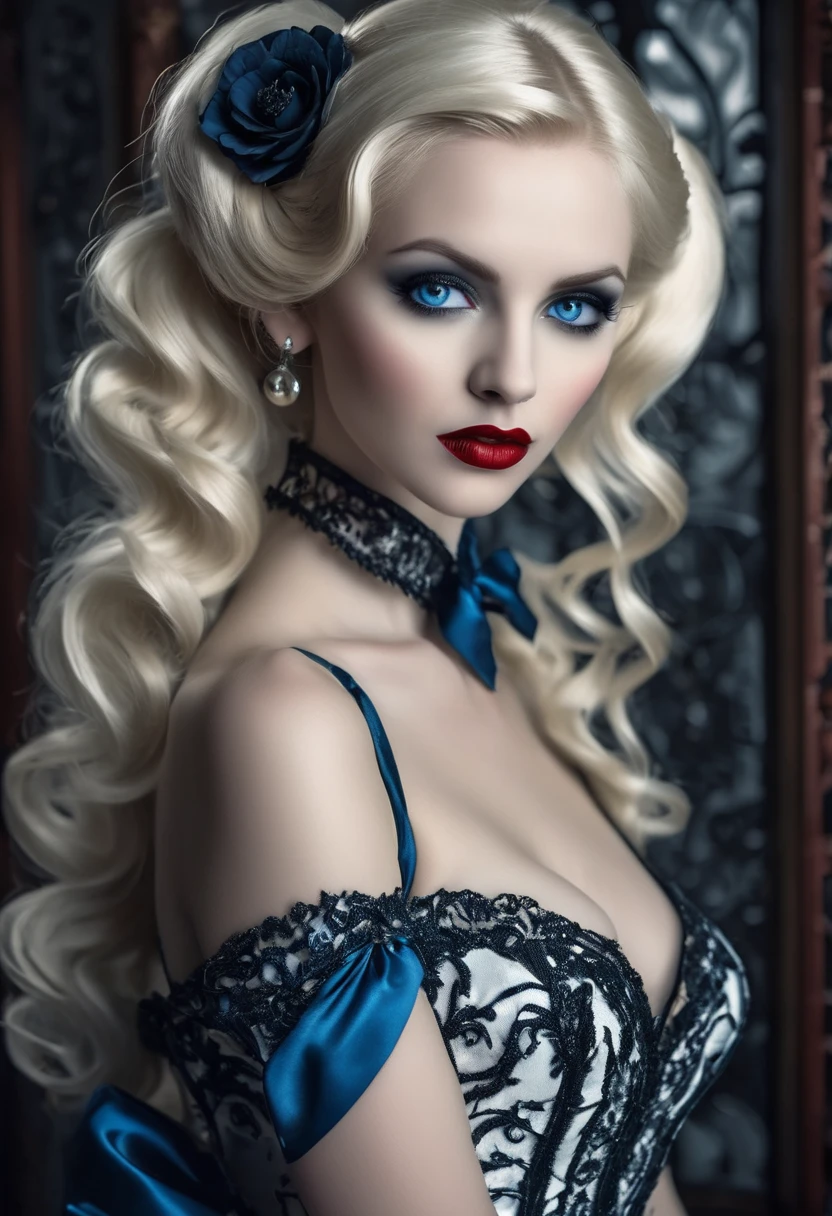 fantasy art deco (art deco: 1.5) A (black and white: 1.5) glamours (vampire: 1.5) model shot, RAW, award winning, of an exquisite beautiful 1solo female vampire, ultra feminine, full body, busty woman, most beautiful face ultra detailed face, ((blond long twin tails: 1.3)), twin tails decorated with black flowers,  pale skin, glowing (red: 1.3) eyes, wearing (blue: 1.5) silk glamour intricate dress, with flowers on it,  wearing intricate high heels, light make up, ancient library background, (black and white filter: 1.4), (anatomically correct: 1.4), 1960s photoshoot style, picture taken from dynamic range, vibrant, Ultra-high resolution, High Contrast, (masterpiece:1.5), highest quality, Best aesthetics), best details, best quality, highres, ultra wide angle, 16k, [ultra detailed], masterpiece, best quality, (extremely detailed), Intense Gaze, dark novel, mega twintails