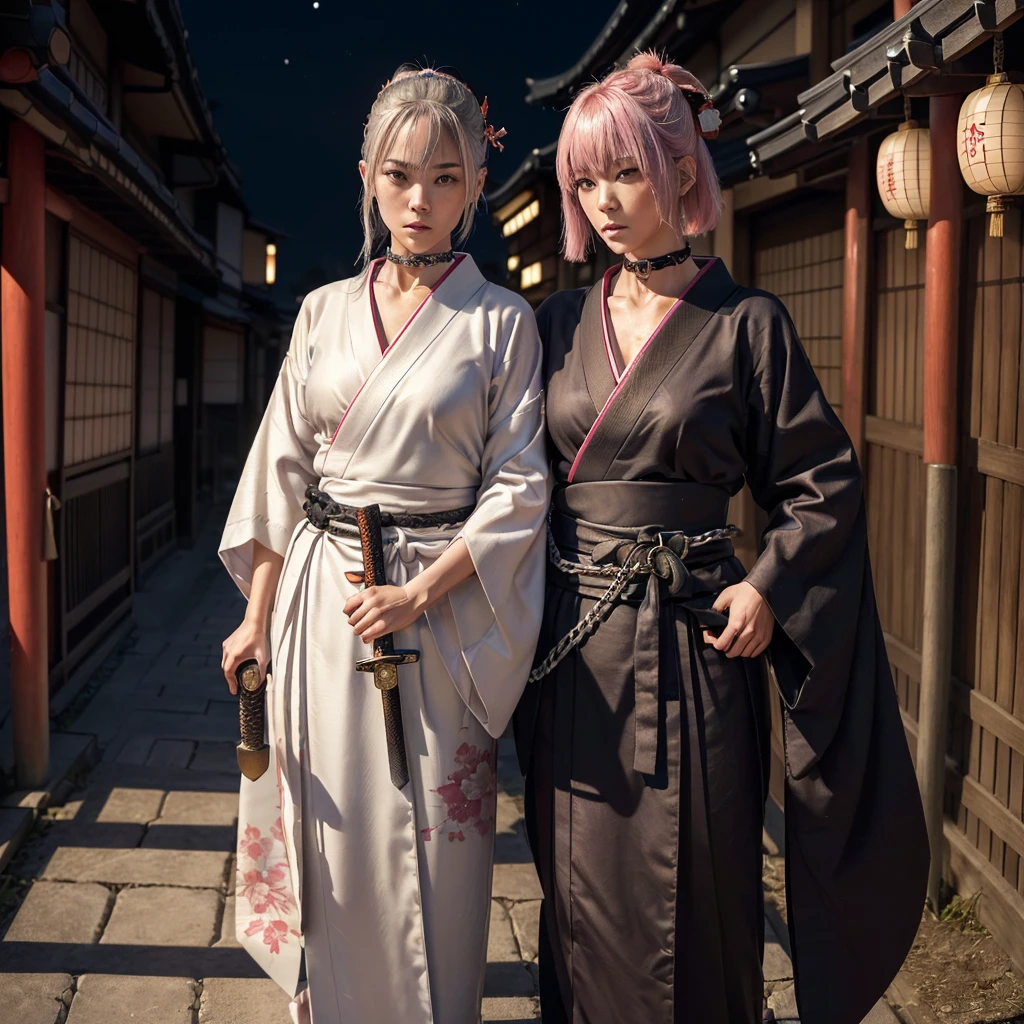 nsfw,(Highest quality:1.2),32k HDR,High resolution,Perfect Anatomy,Wet and shiny white skin,Slender model figure,Ahegao,Silver and pink hair,short hair,soaked through,Super small face,Collar and leash,Alley,Edo Town,shrine,Domestic,photo shoot,Maid,((Japanese sword)),tattoo,((whole bodyにタトゥー)),(Arms covered in tattoos),tattoo,((whole bodyにタトゥー)),(Arms covered in tattoos),(whole bodyをA body covered in tattoos), (A body covered in tattoos),((Collar with leash)),(Lockに繋がれた少女),Women in ecstasy,climax,Acme,Detailed skin texture, Detailed face, Fine grain,((whole body)),((艶やかなkimono)),(((nightの町))),((暗darkness)),((頭からfootまで)),((Lock帷子)),(((Lock))),(foot),(((Wrapped in a cloth))),((geta)),((大きなJapanese swordを構える)),(((Japanese swordを構える)),((kimono)),((Are standing)),((Wrap a cloth around your chest)),(((巨大なJapanese sword))),((Wear a black belt around your waist)),((花柄のkimono)),((Thin fabric)),((身長と同じくらいの大きさのJapanese swordを振りかぶる)),((night:1.2)),((Dim light)),((Glaring at the camera)),((Bold pose)),(((Restraints))),(((darkness))),(((moonlight:1.5))),,(((kimonoの上からLockを身体中に巻く:1.2))),(((Japanese sword:1.3))),((Lock)),((Hakama)),((Wrap the chain:1.2)),(((Two Subjects)),((Two women:1.2)),