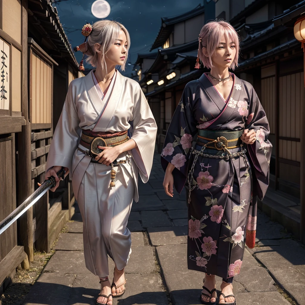nsfw,(Highest quality:1.2),32k HDR,High resolution,Perfect Anatomy,Wet and shiny white skin,Slender model figure,Ahegao,Silver and pink hair,short hair,soaked through,Super small face,Collar and leash,Alley,Edo Town,shrine,Domestic,photo shoot,Maid,((Japanese sword)),tattoo,((whole bodyにタトゥー)),(Arms covered in tattoos),tattoo,((whole bodyにタトゥー)),(Arms covered in tattoos),(whole bodyをA body covered in tattoos), (A body covered in tattoos),((Collar with leash)),(Lockに繋がれた少女),Women in ecstasy,climax,Acme,Detailed skin texture, Detailed face, Fine grain,((whole body)),((艶やかなkimono)),(((nightの町))),((暗darkness)),((頭からfootまで)),((Lock帷子)),(((Lock))),(foot),(((Wrapped in a cloth))),((geta)),((大きなJapanese swordを構える)),(((Japanese swordを構える)),((kimono)),((Are standing)),((Wrap a cloth around your chest)),(((巨大なJapanese sword))),((Wear a black belt around your waist)),((花柄のkimono)),((Thin fabric)),((身長と同じくらいの大きさのJapanese swordを振りかぶる)),((night:1.2)),((Dim light)),((Glaring at the camera)),((Bold pose)),(((Restraints))),(((darkness))),(((moonlight:1.5))),,(((kimonoの上からLockを身体中に巻く:1.2))),(((Japanese sword:1.3))),((Lock)),((Hakama)),((Wrap the chain:1.2)),(((Two Subjects)),((Two women:1.2)),
