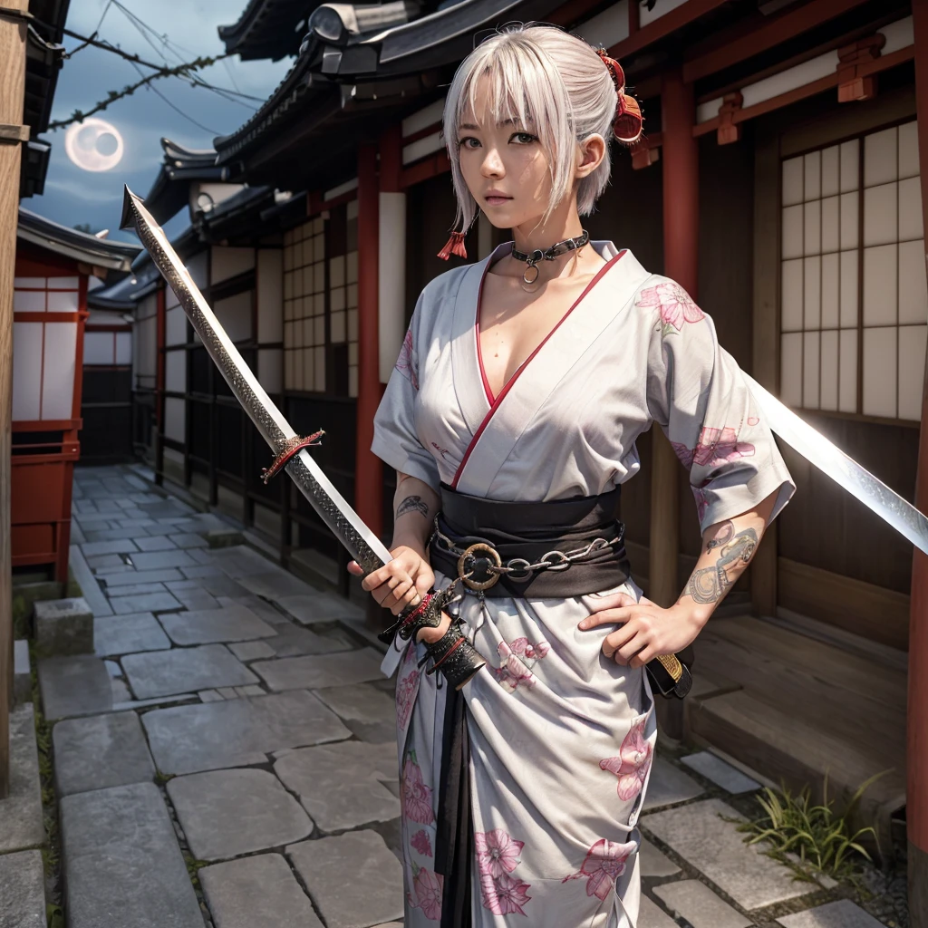 nsfw,(Highest quality:1.2),32k HDR,High resolution,Perfect Anatomy,Wet and shiny white skin,Slender model figure,Ahegao,Silver and pink hair,short hair,soaked through,Super small face,Collar and leash,Alley,Edo Town,shrine,Domestic,photo shoot,Maid,((Japanese sword)),tattoo,((whole bodyにタトゥー)),(Arms covered in tattoos),tattoo,((whole bodyにタトゥー)),(Arms covered in tattoos),(whole bodyをA body covered in tattoos), (A body covered in tattoos),((Collar with leash)),(Lockに繋がれた少女),Women in ecstasy,climax,Acme,Detailed skin texture, Detailed face, Fine grain,((whole body)),((艶やかなkimono)),(((nightの町))),((暗darkness)),((頭からfootまで)),((Lock帷子)),(((Lock))),(foot),(((Wrapped in a cloth))),((geta)),((大きなJapanese swordを構える)),(((Japanese swordを構える)),((kimono)),((Are standing)),((Wrap a cloth around your chest)),(((巨大なJapanese sword))),((Wear a black belt around your waist)),((花柄のkimono)),((Thin fabric)),((身長と同じくらいの大きさのJapanese swordを振りかぶる)),((night:1.2)),((Dim light)),((Glaring at the camera)),((Bold pose)),(((Restraints))),(((darkness))),(((moonlight:1.5))),,(((kimonoの上からLockを身体中に巻く:1.2))),(((Japanese sword:1.3))),((Lock)),((Hakama)),((Wrap the chain:1.2)),(((Two Subjects)),((Two women:1.2)),
